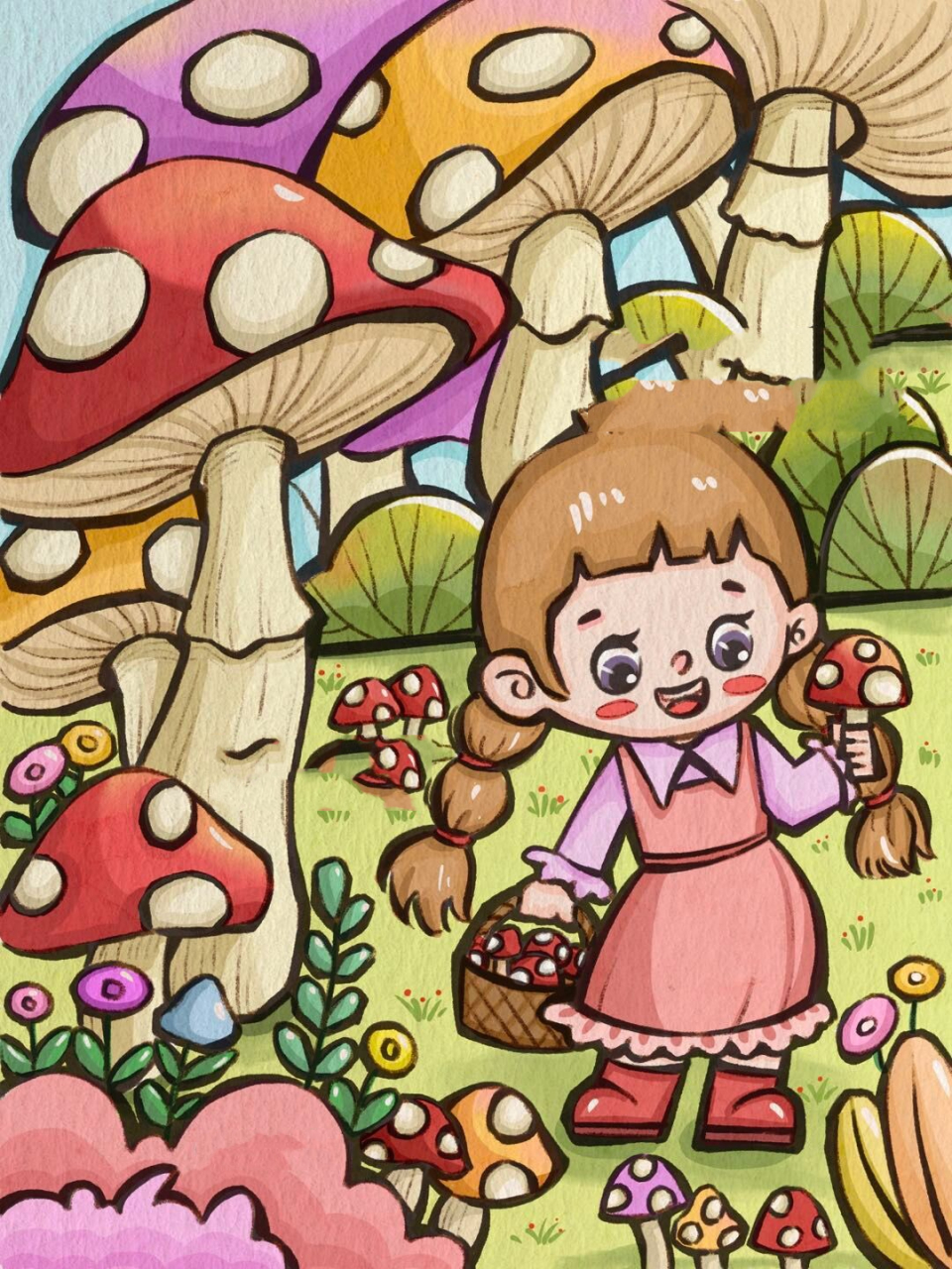 采蘑菇的小姑娘 摸索着完成了第二张上色稿