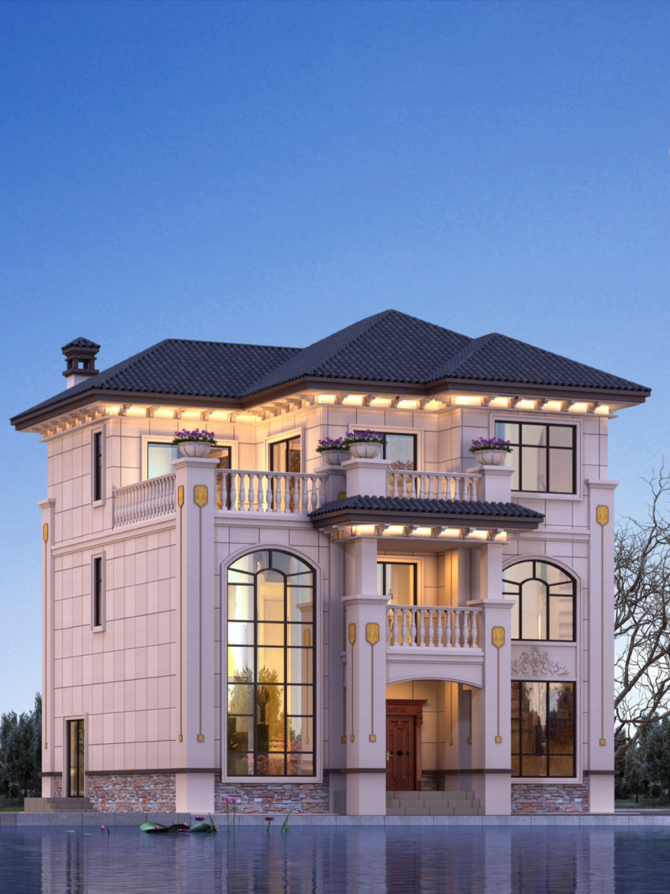 三层简欧风别墅78前后开窗 客厅挑空 想建新房但宅基地两边都建好了