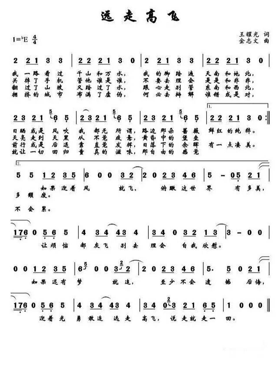 《远走高飞》简谱 金志文《远走高飞》简谱分享