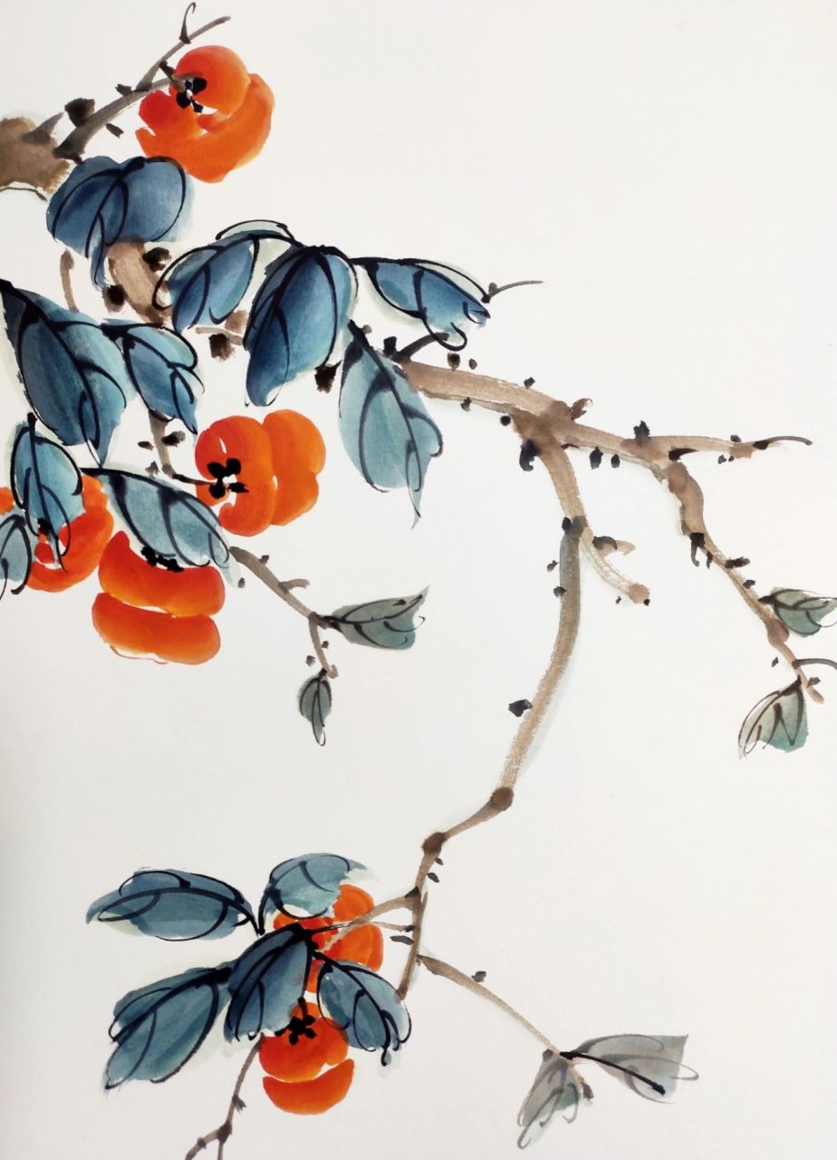 先画柿子叶,调花青三绿加少许墨色,画叶子注意叶子的组合关系,三两