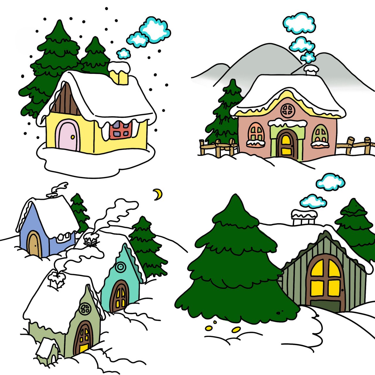 雪景小屋 7615| 简笔画  | 附线稿 冀美版 年级上册 第课《冬天里