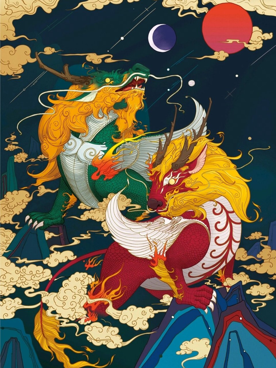 国风貔貅插画,上古神话中独角的为"貔"代表天禄,为招财,双角的为"貅"