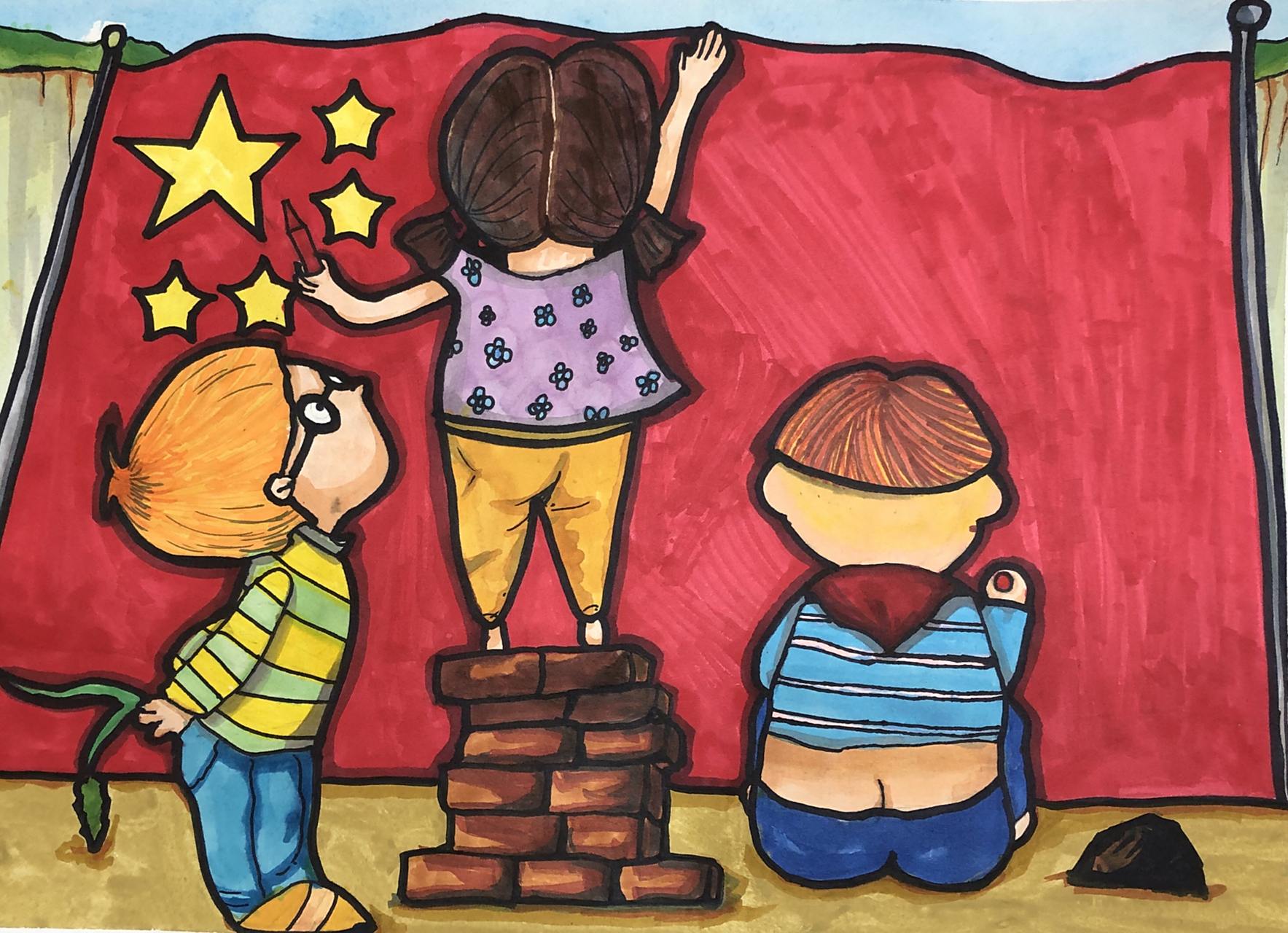 儿童画范画 阳光下成长 儿童画范画(学生作品) 👉🏻背景用了水粉