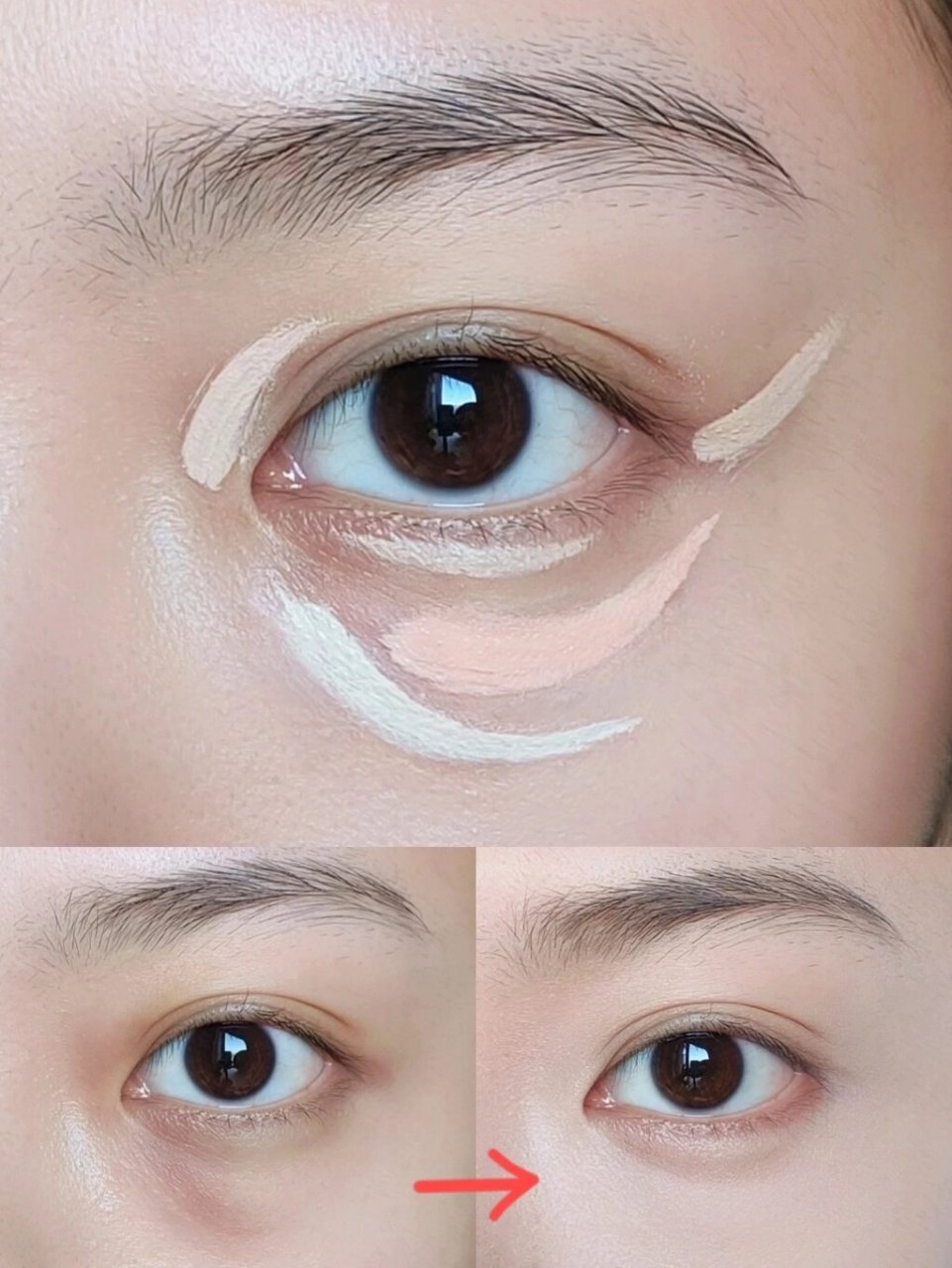 1 冷肤色在泪沟位置画一个"c",提亮泪沟 2 粉橘色在卧蚕和泪沟中间画