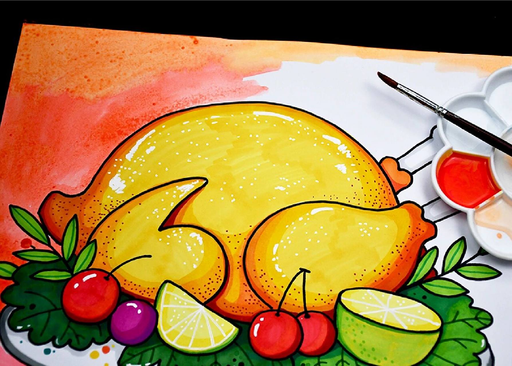 儿童画教程|感恩节美食之烤火鸡 【教学重难点】  画一盘火鸡:描绘出