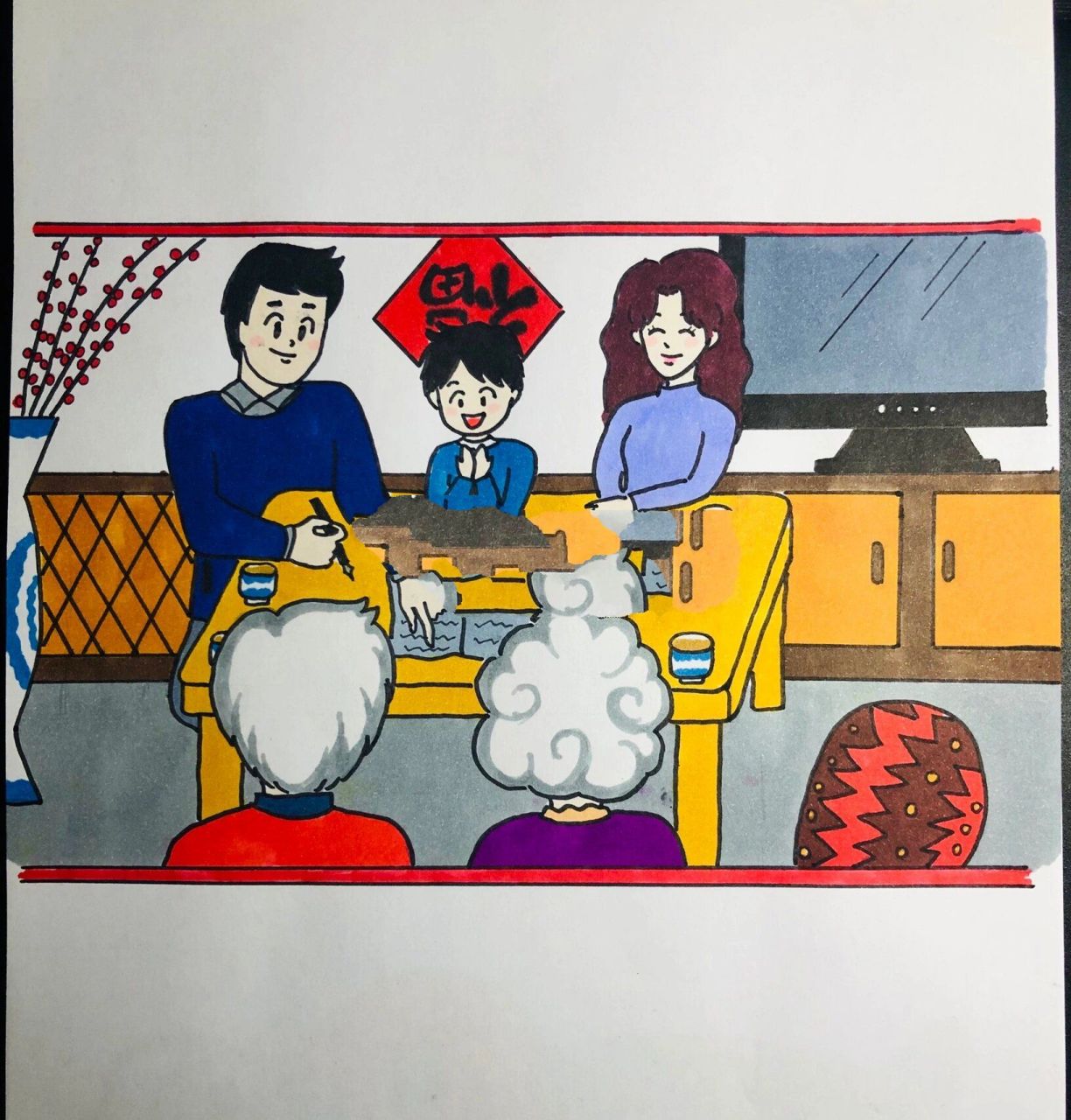 简单的家庭成员手绘简笔画 这个题材是关于新年家庭会议的主题哦 家里
