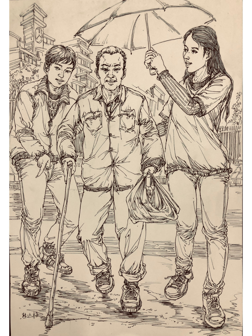 线描场景速写《扶二大爷过马路》