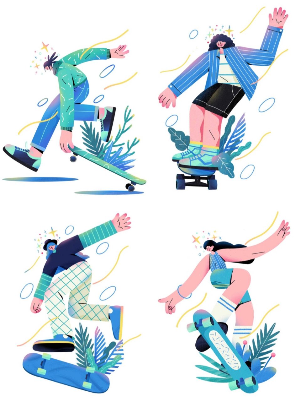滑板运动系列|原创扁平插画合集 蓝绿系 结束了每日的运动滑板系列