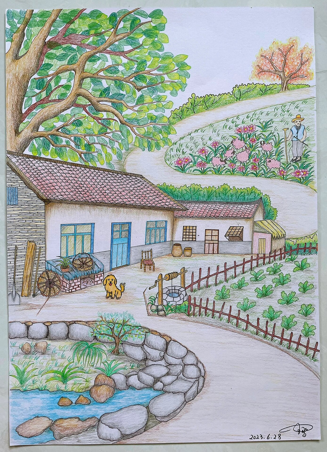 彩铅画,农家院
