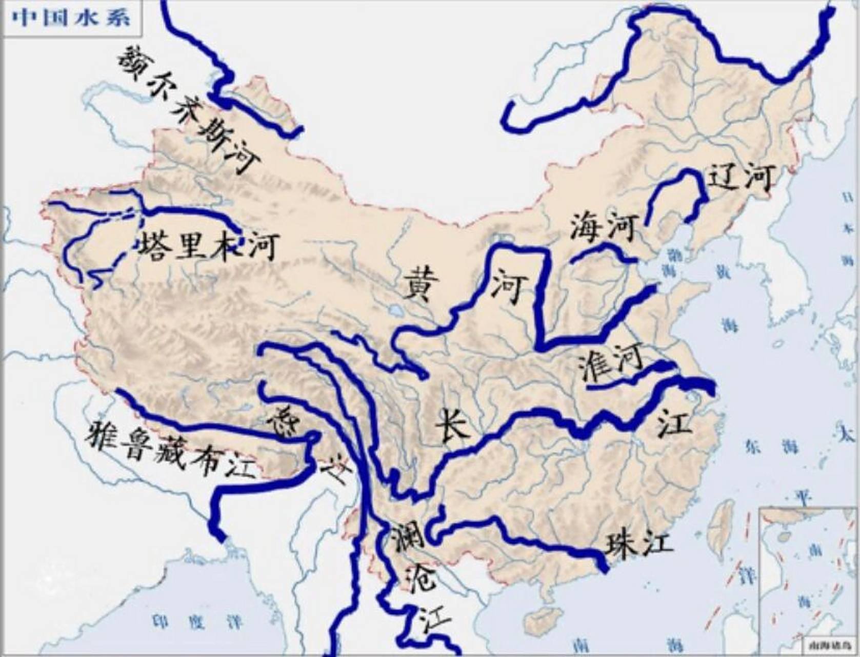 中国水系 内流区与外流区的分布基本上与400mm等降水量重合.