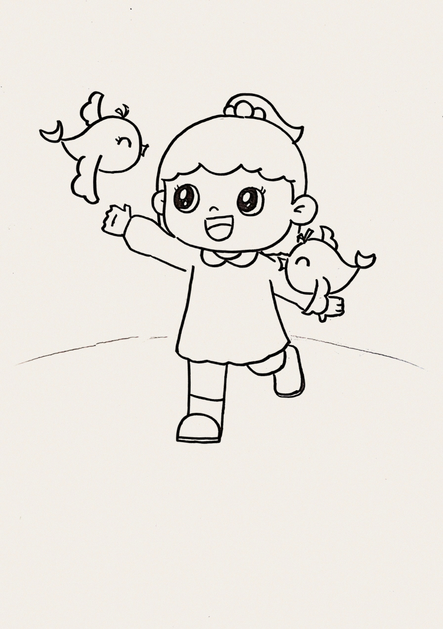 人物小场景简笔画 本想画一个小女孩,然后想 画只小鸟和她互动一下吧