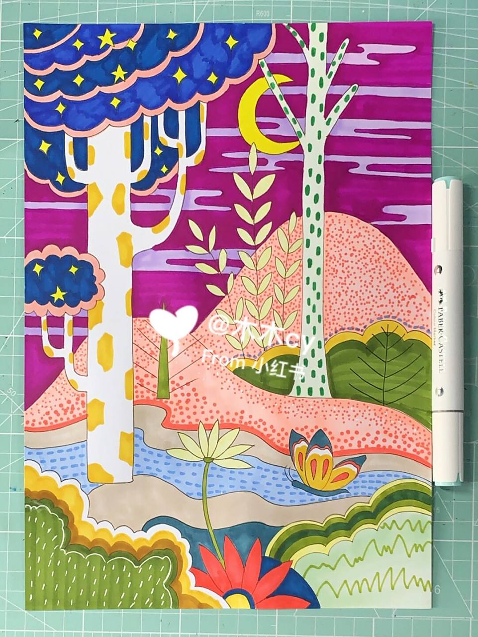 风景装饰画 | 线描 临摹 莫灵小卡 工具  辉柏嘉马克笔  三菱高光笔