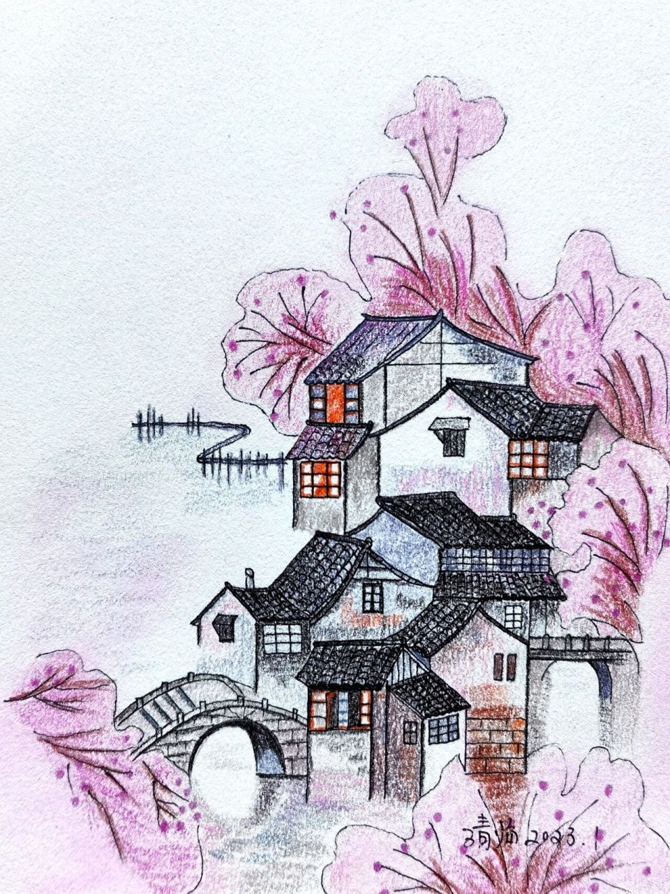 彩铅临摹:桃花开的时候,江南就是粉色的 时间煮雨,岁月缝花,以欢喜之