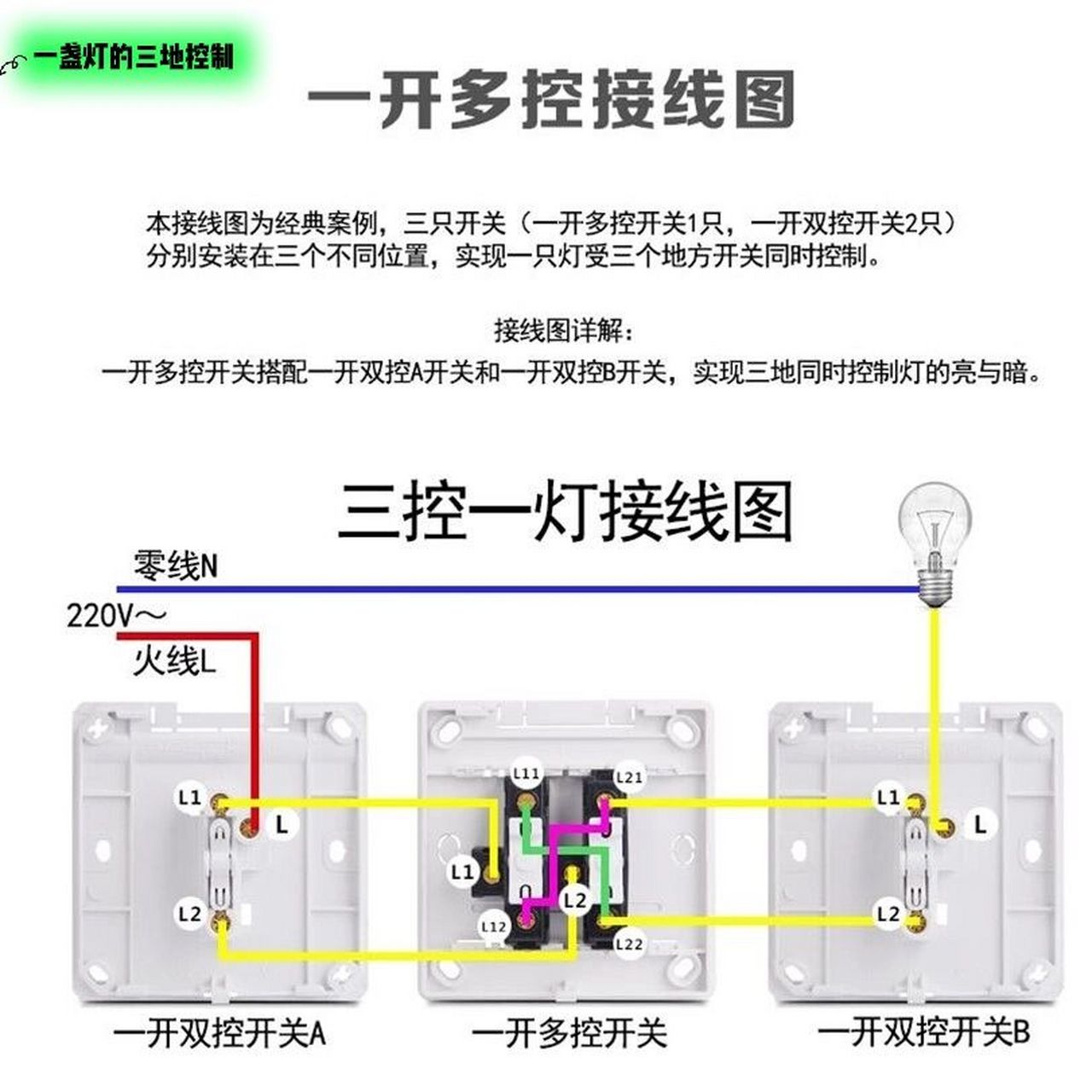 一盏灯三地控制接线示意图