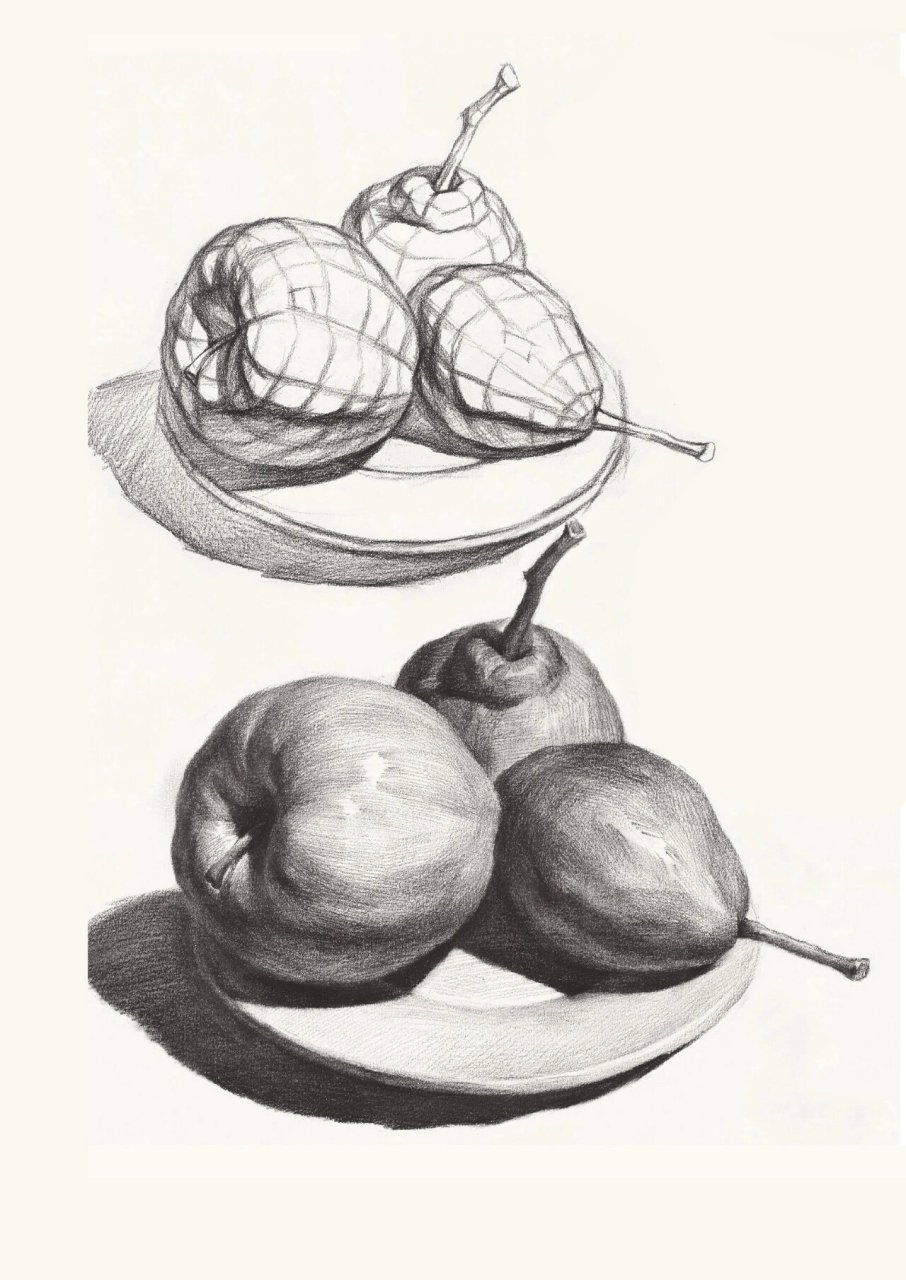 素描水果组合-素描苹果橘子梨盘子 素描水果组合,苹果橘子梨,素描盘子