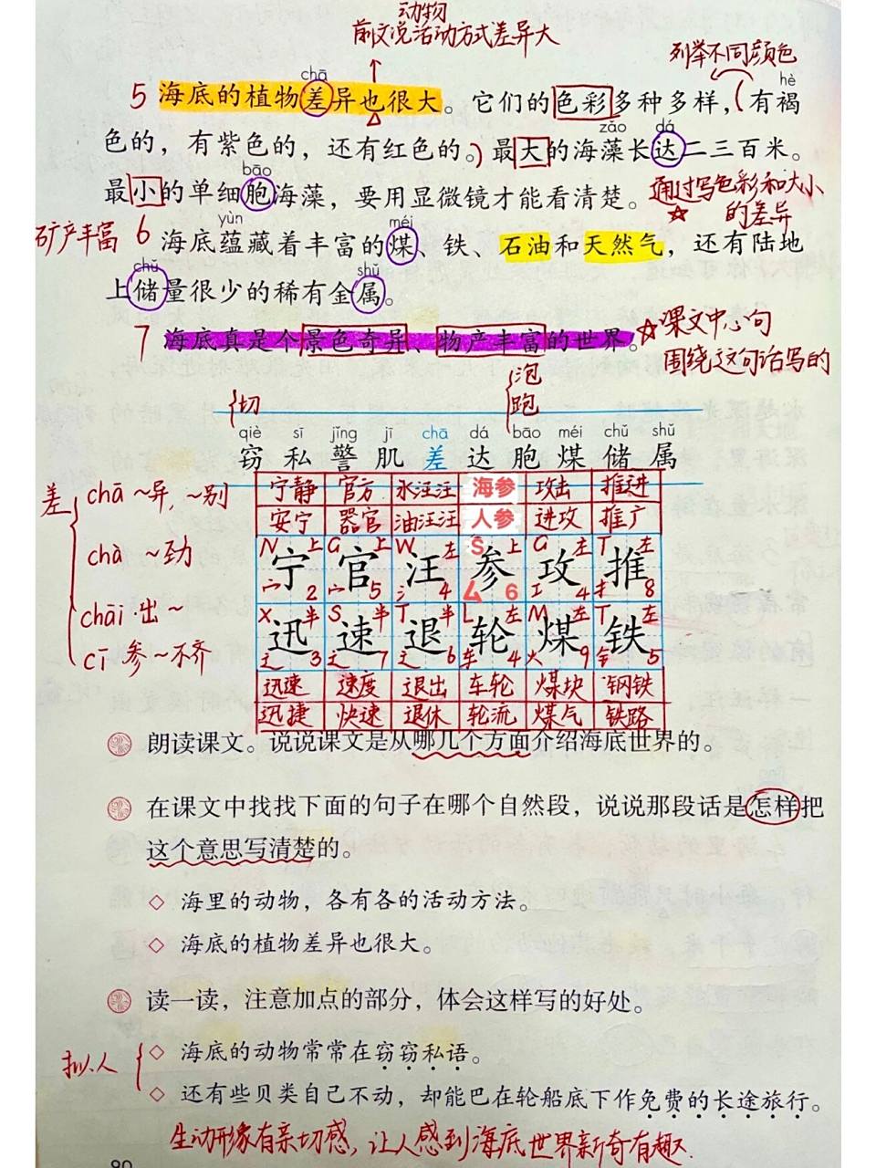 三下语文23课海底世界 备课笔记批注预习