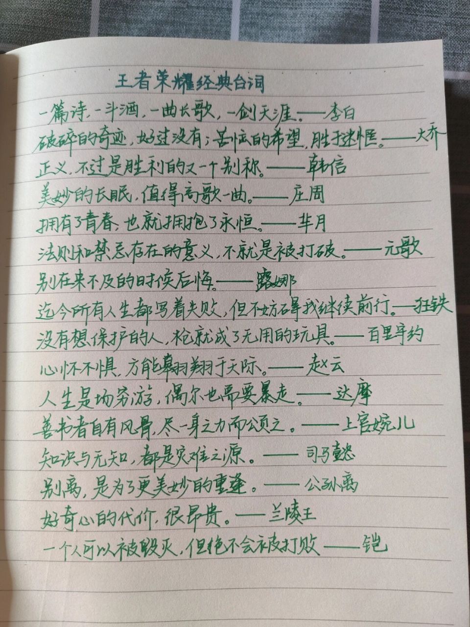 ⑧王者荣耀经典台词,你最喜欢哪一句7171 91抄写着经典台词