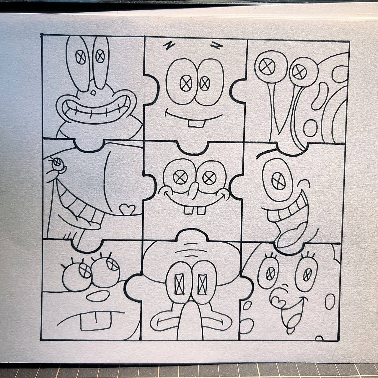 拼个九宫格尽量画全一点,黄色海绵绝对c位 边画边重温了一下主要角色