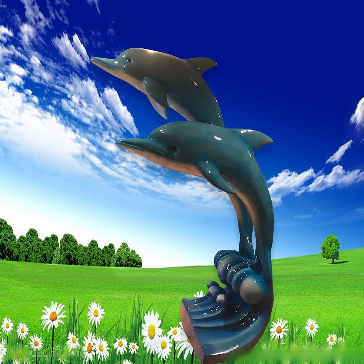 《海豚雕塑小品 仿真模型动物摆件 广场水景玻璃钢海洋戏水浪花小品》