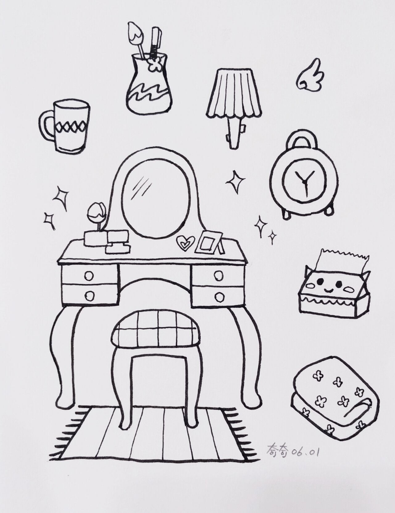 每日一画(024)简笔画梳妆台 室内小物