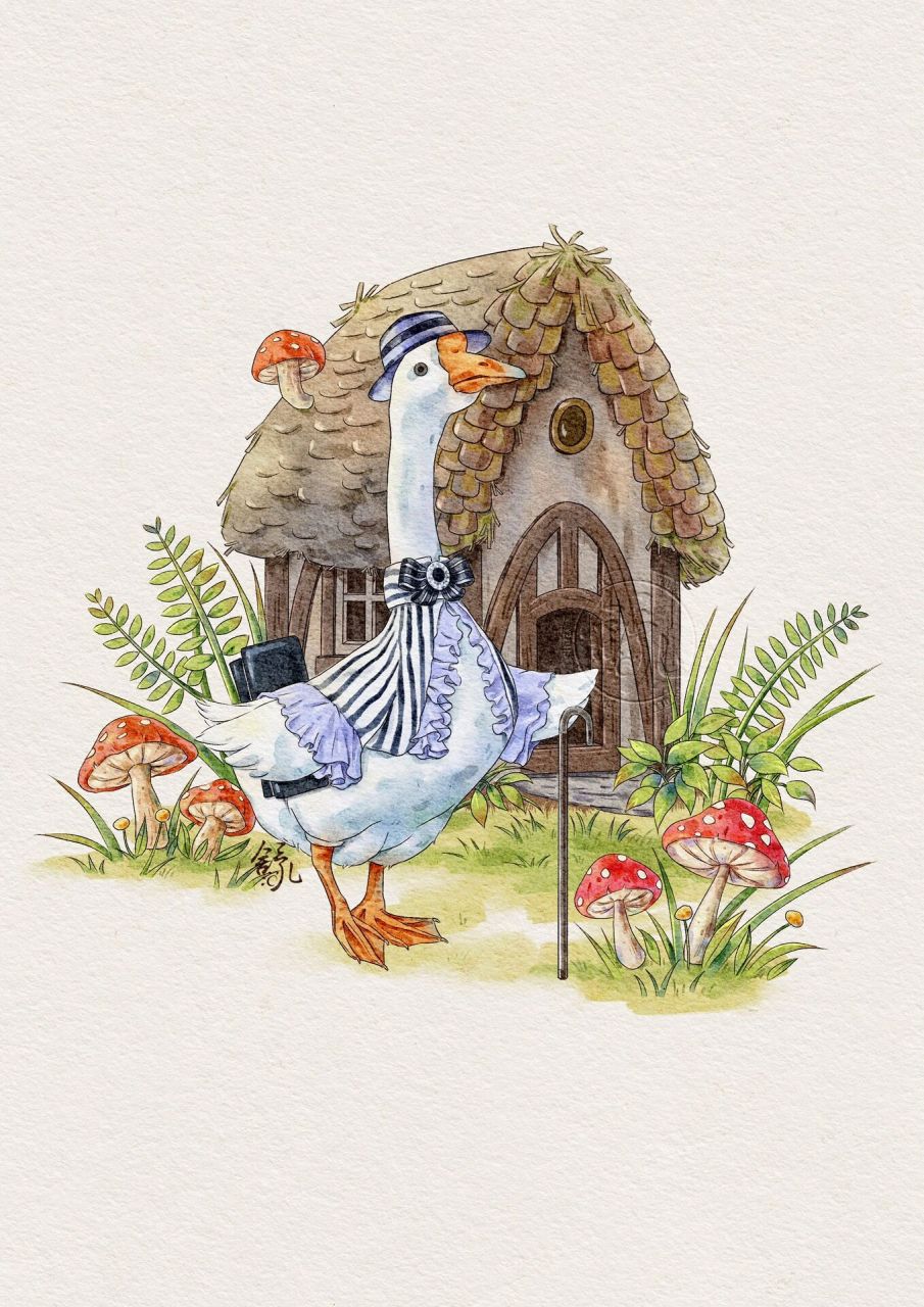 ipad水彩绅士大鹅卡通动物小场景原创插画 78绅士大鹅78