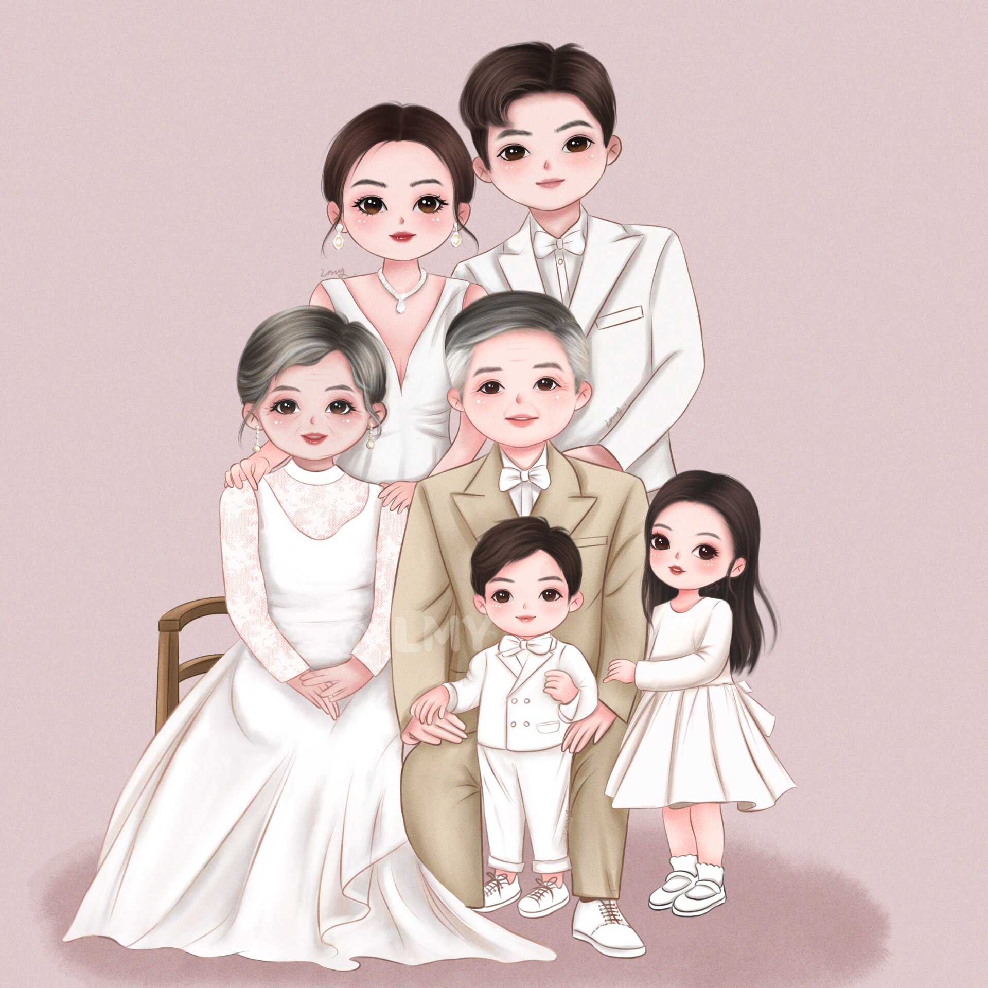 一家六口全家福手绘定制/亲子原创手绘
