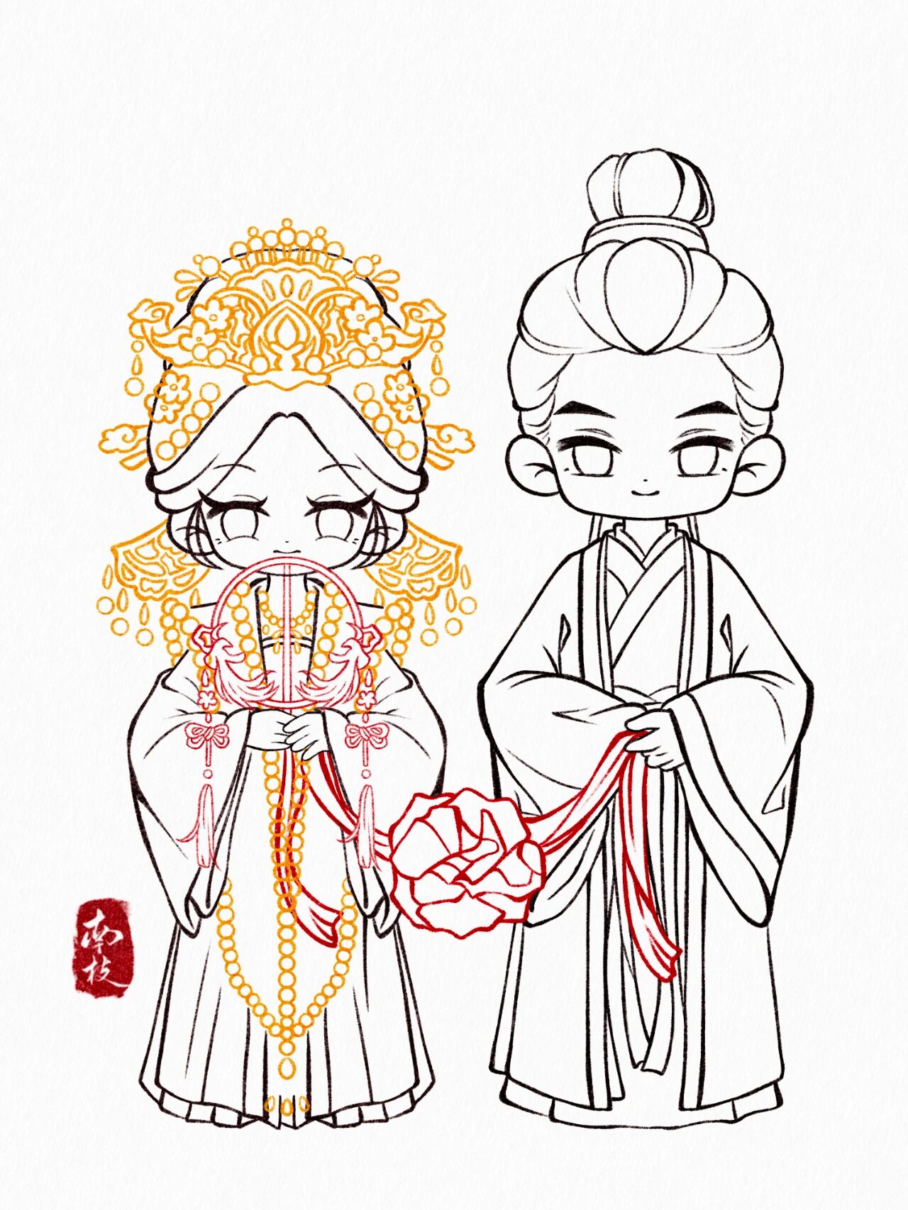 q版全身人物线稿 一对佳人,喜结连理 (有课版) 上班空闲时间去画自己