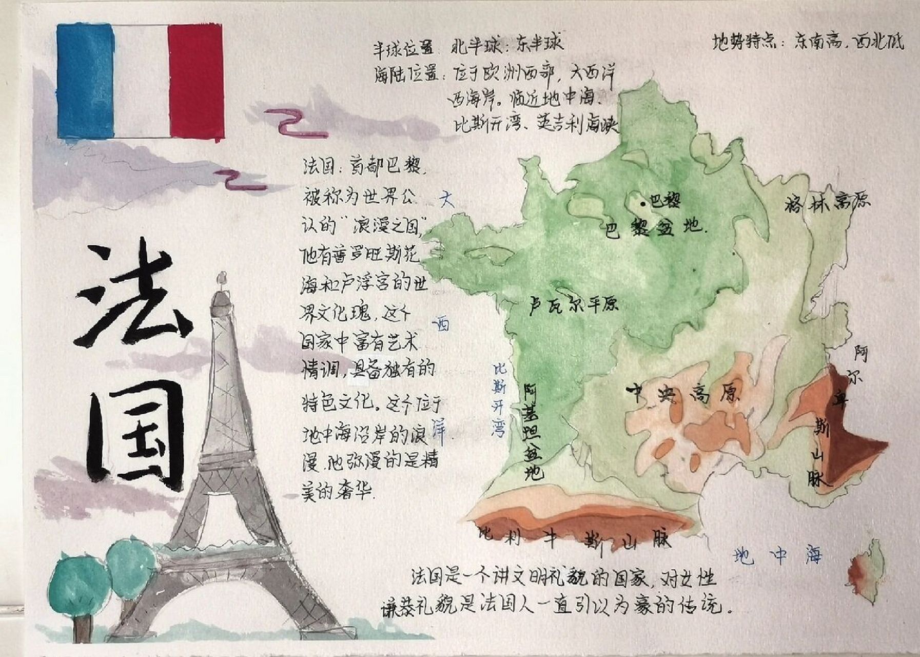 法国地理小报～   寒假作业 觉得画得不错发一下