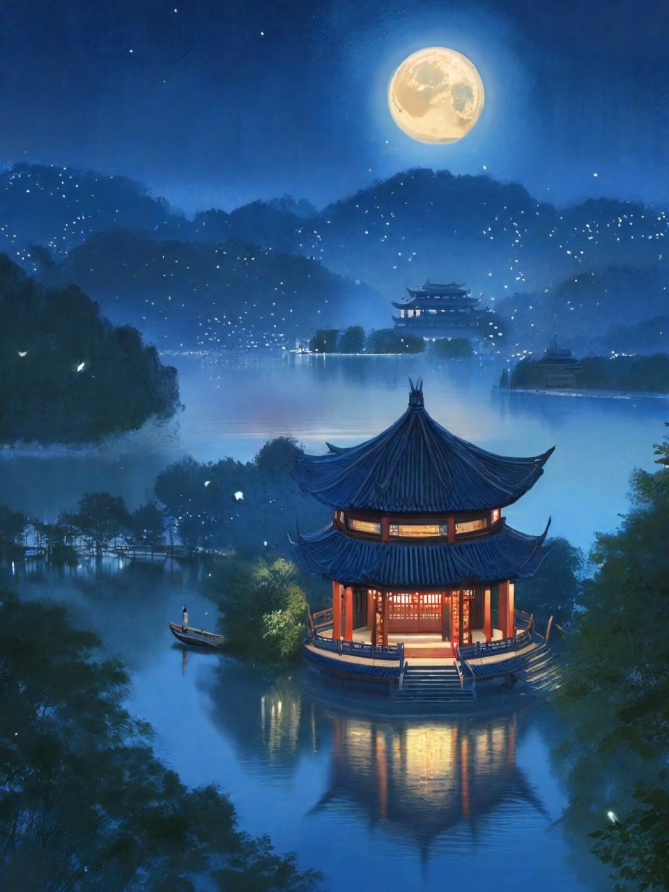 西湖十景|平湖秋月 月冷寒泉凝不流,棹歌何处泛归舟 白苹红蓼西风里