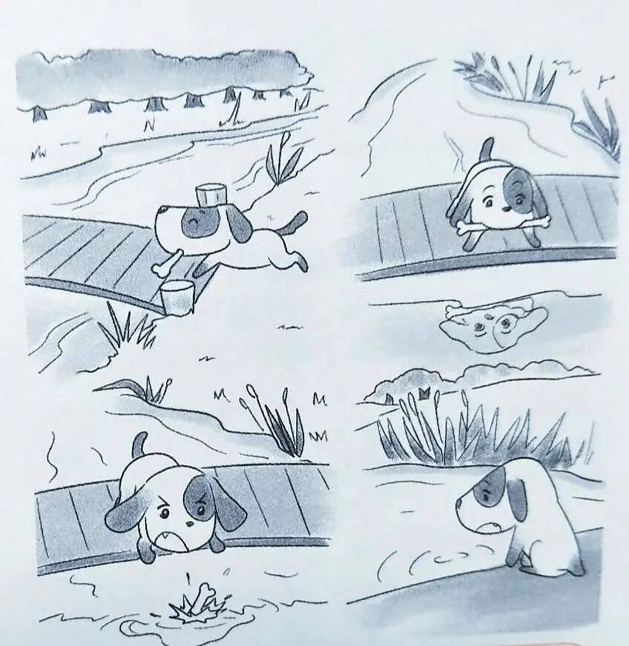 看图写话 小狗和倒影 小狗天天捡到了一根细长的骨头,叼在嘴里,飞快地