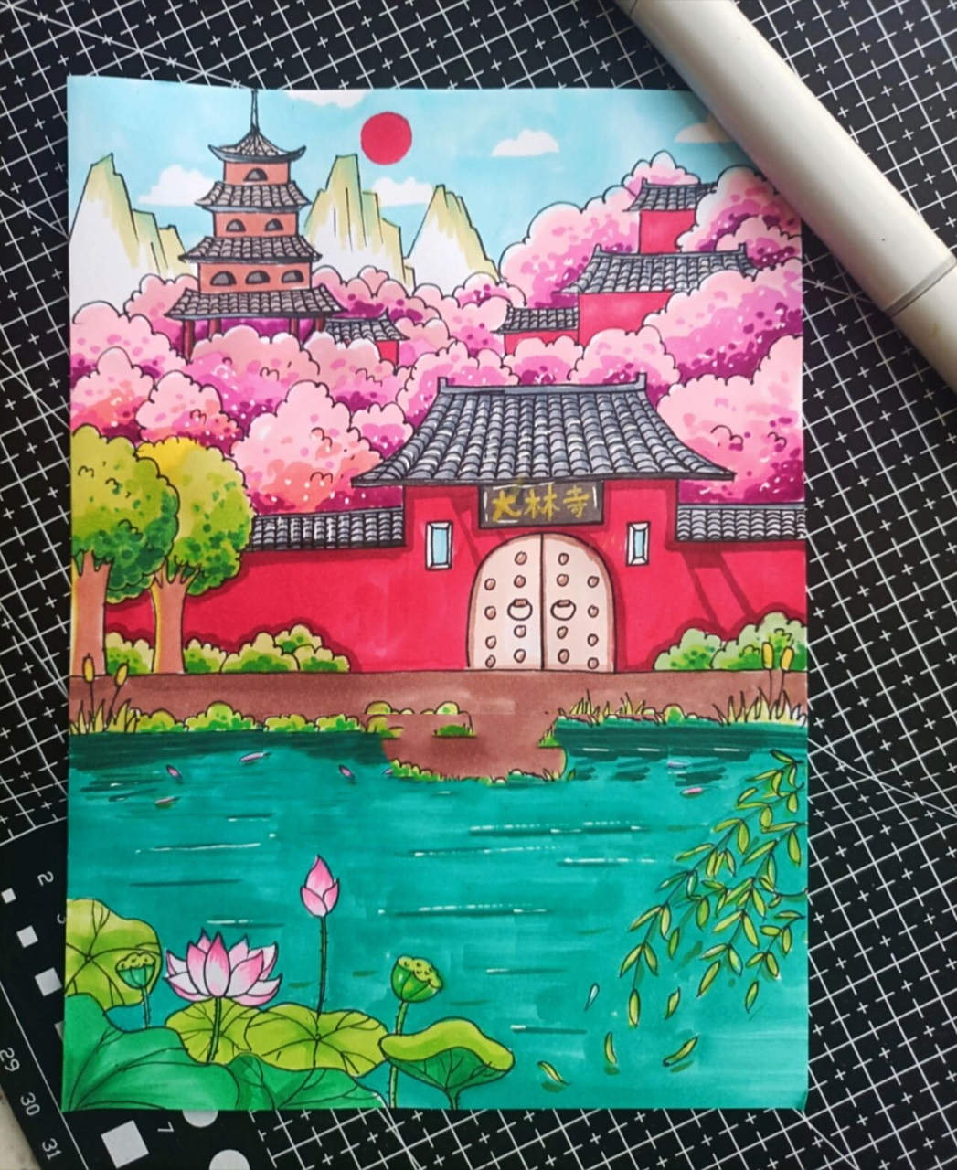 马克笔风景画/古诗配画大林寺桃花/桃花绘画 马克笔临摹风景画,荷花