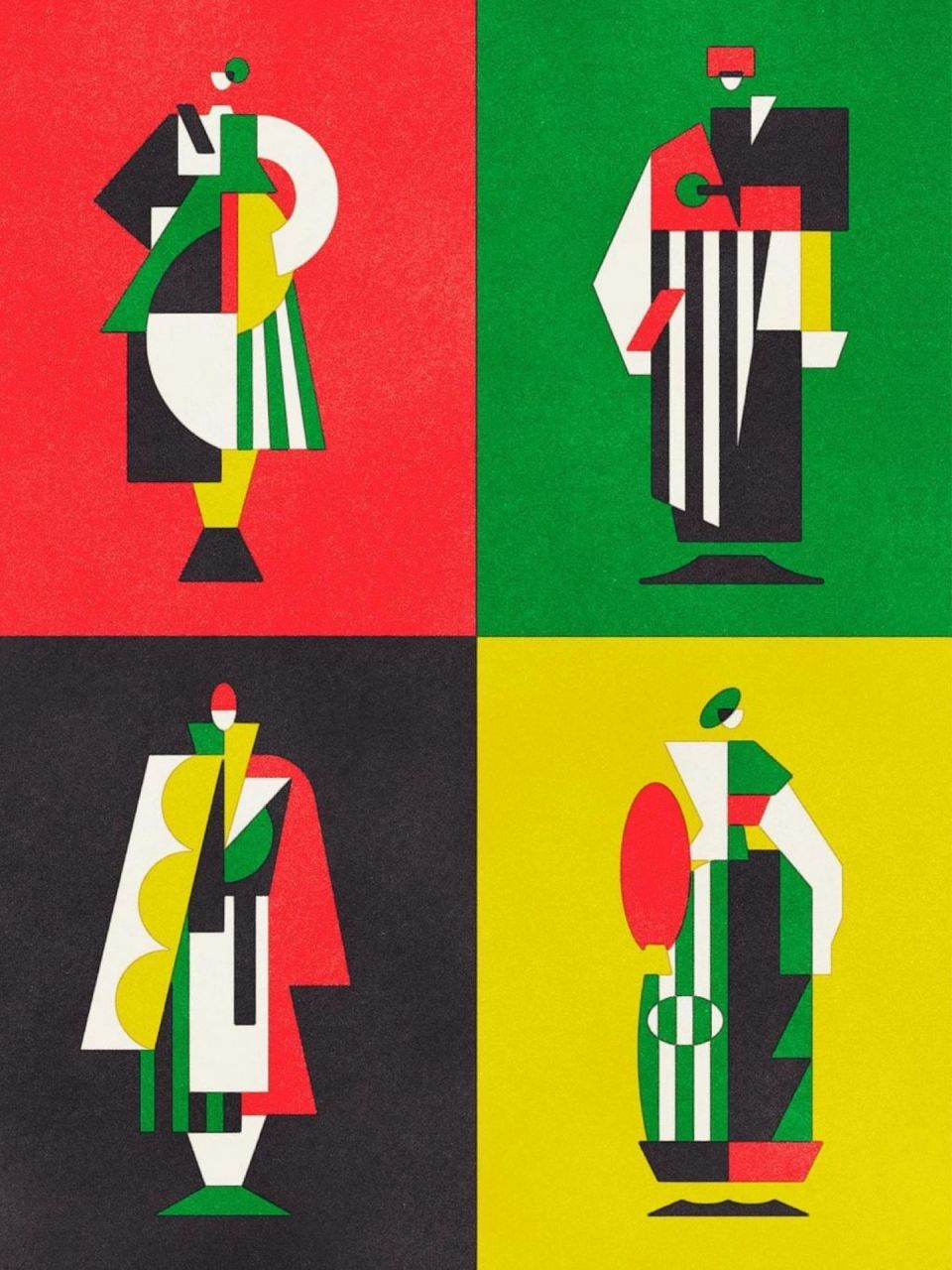 抽象几何插画|色彩构成|复古人物图形分割 将人物图案用抽象的几个