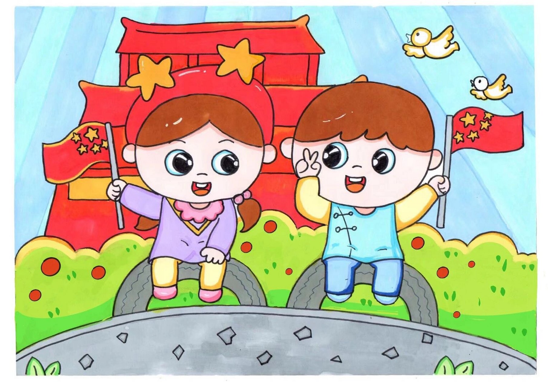 教资面试绘画真题"我是中国娃" 这幅作品适用于所有的红色主题,国庆节