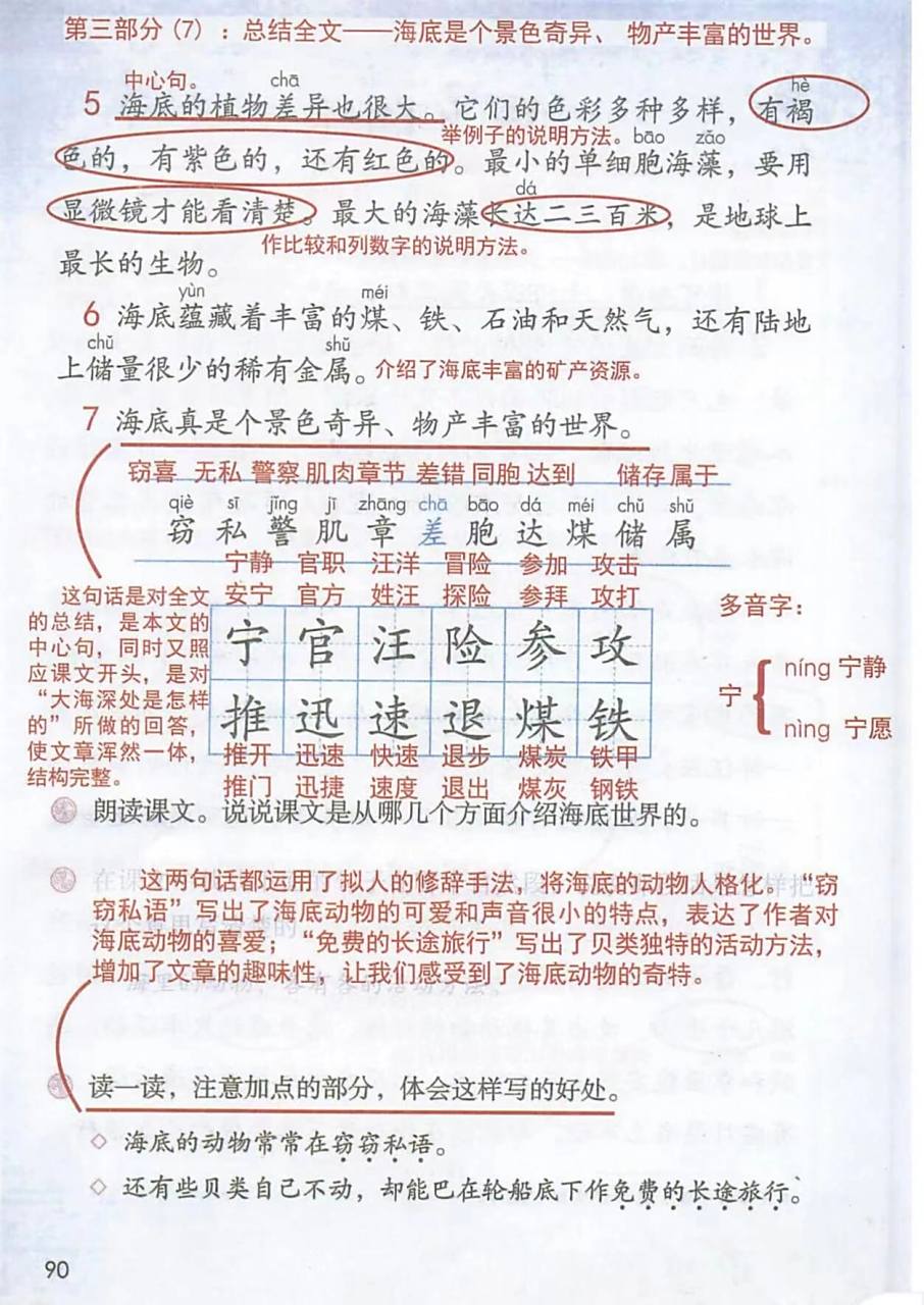 三下语文《海底世界》课堂笔记 三年级下册第23课《海底世界》课堂