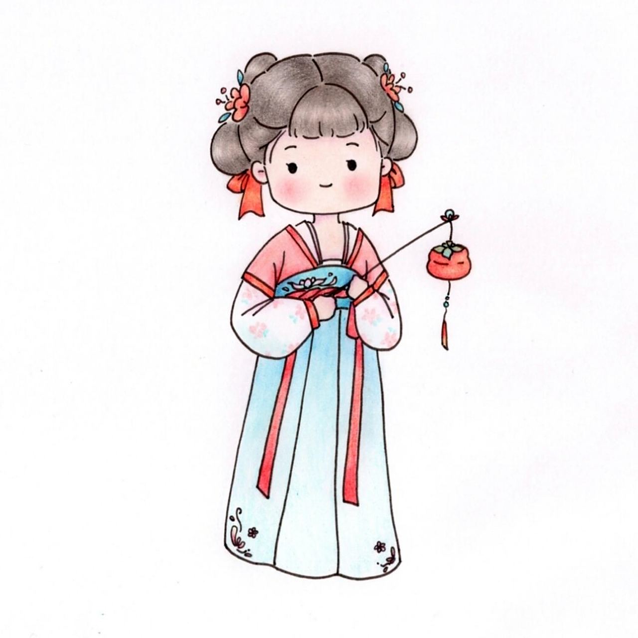 古风简笔画教程|92提柿子灯的少女 玲珑云髻生花样, 飘飖风袖蔷薇香