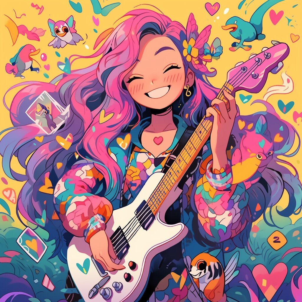 mj | 二次元弹吉他的甜酷女孩 a cartoon illustration of a