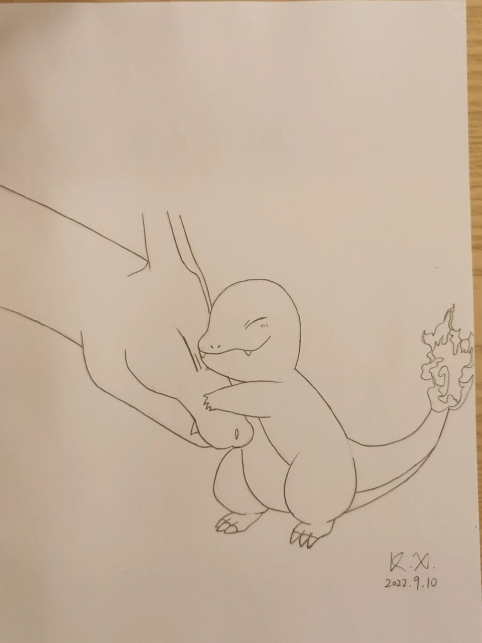 宝可梦彩铅手绘,喷火龙和小火龙 之前画的线稿,现在彩铅上色了.