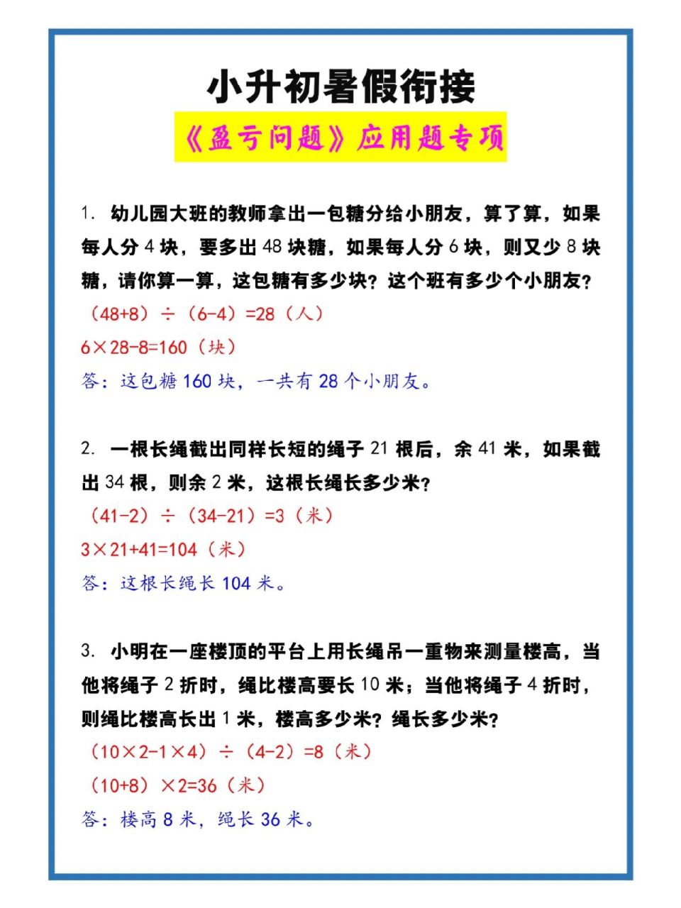 小升初数学《盈亏问题》应用题及答案 小升初数学《盈亏问题》应用题