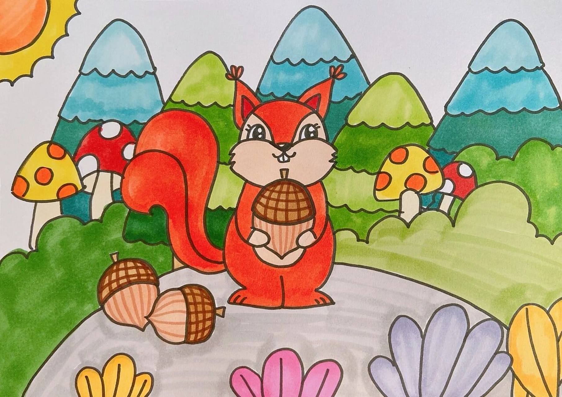 小松鼠儿童画简笔画儿创森林松果橡子风景 临摹作品