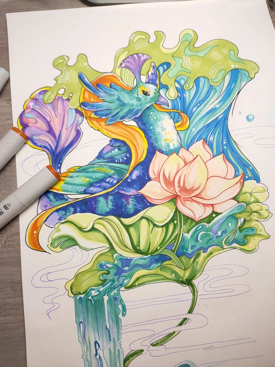 马克笔——荷花水还有新的小鸟92 24考研手绘练习打卡~ 水和鸟的