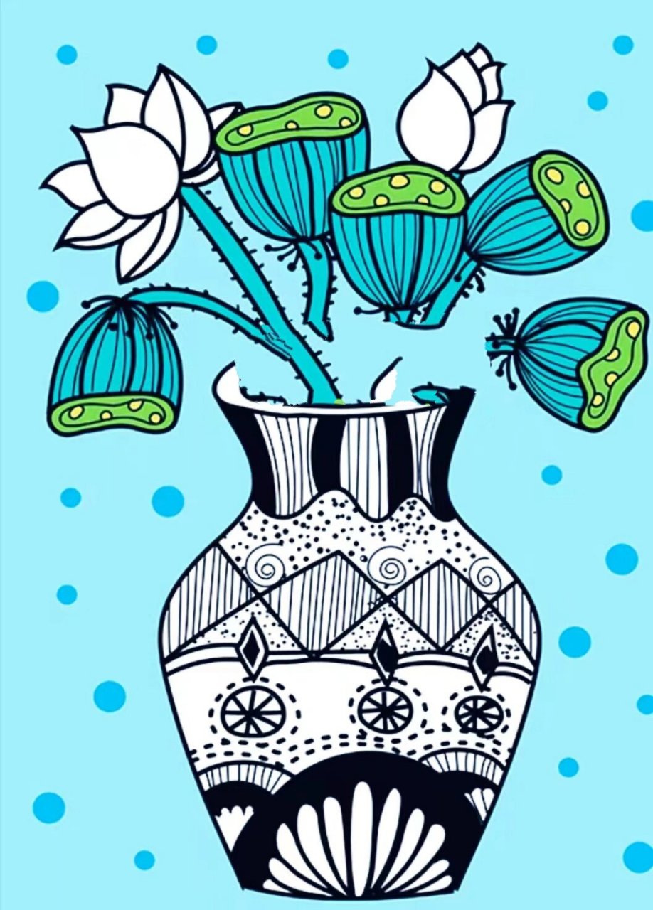 《花瓶》彩色线描创意儿童画 少儿美术