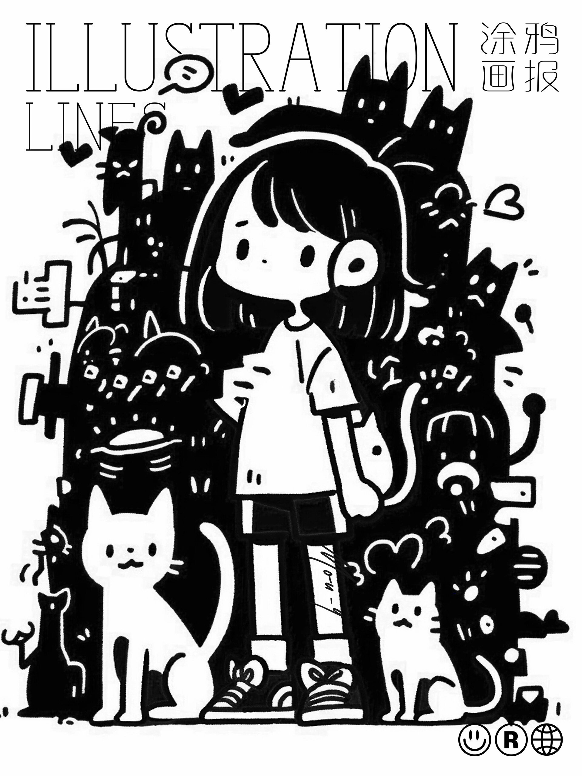 黑白涂鸦74绘画|探寻小女孩与猫的故事94