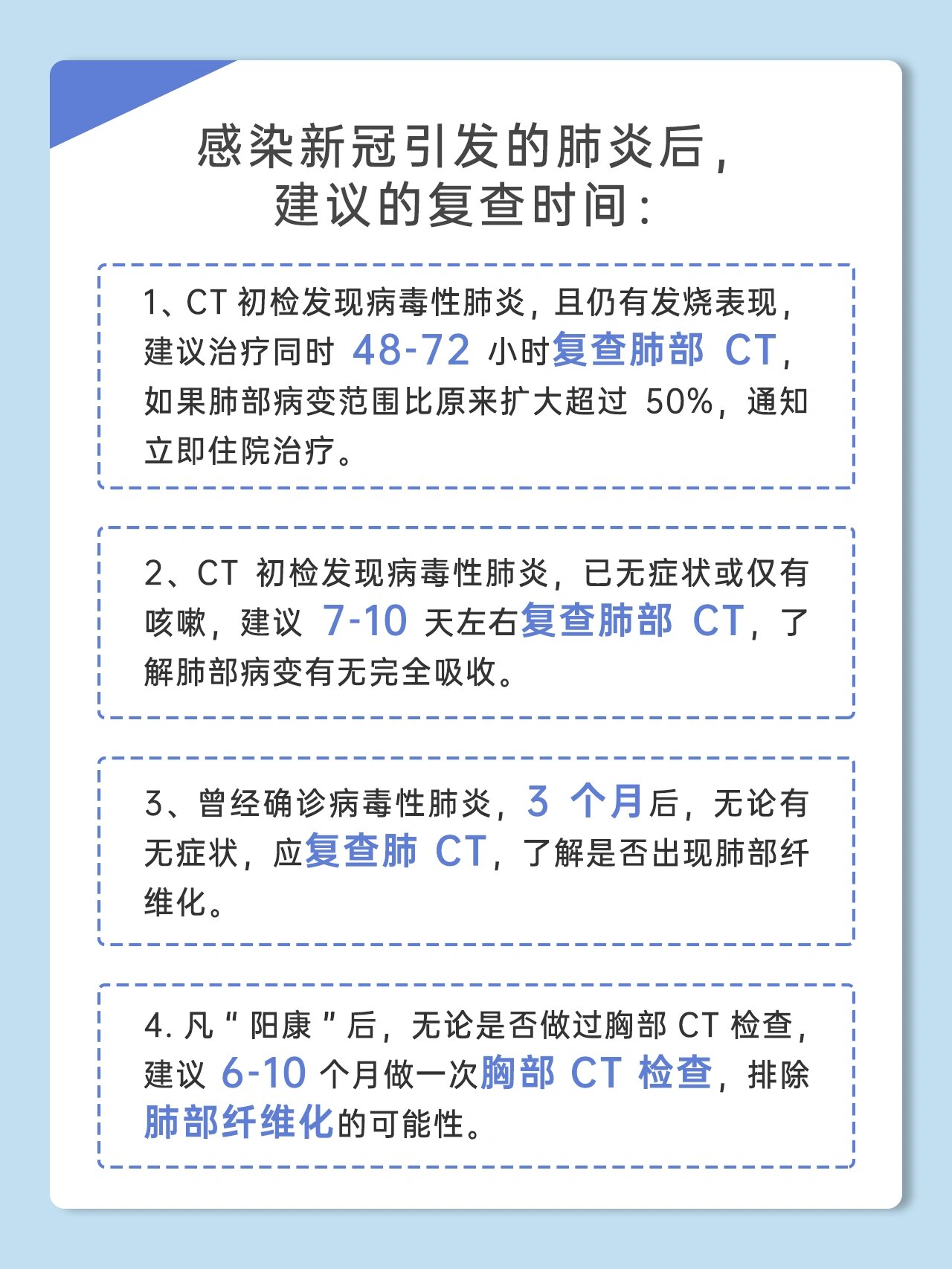 感染新冠引发的肺炎后,建议的复查时间: 16615ct初检发现病毒性