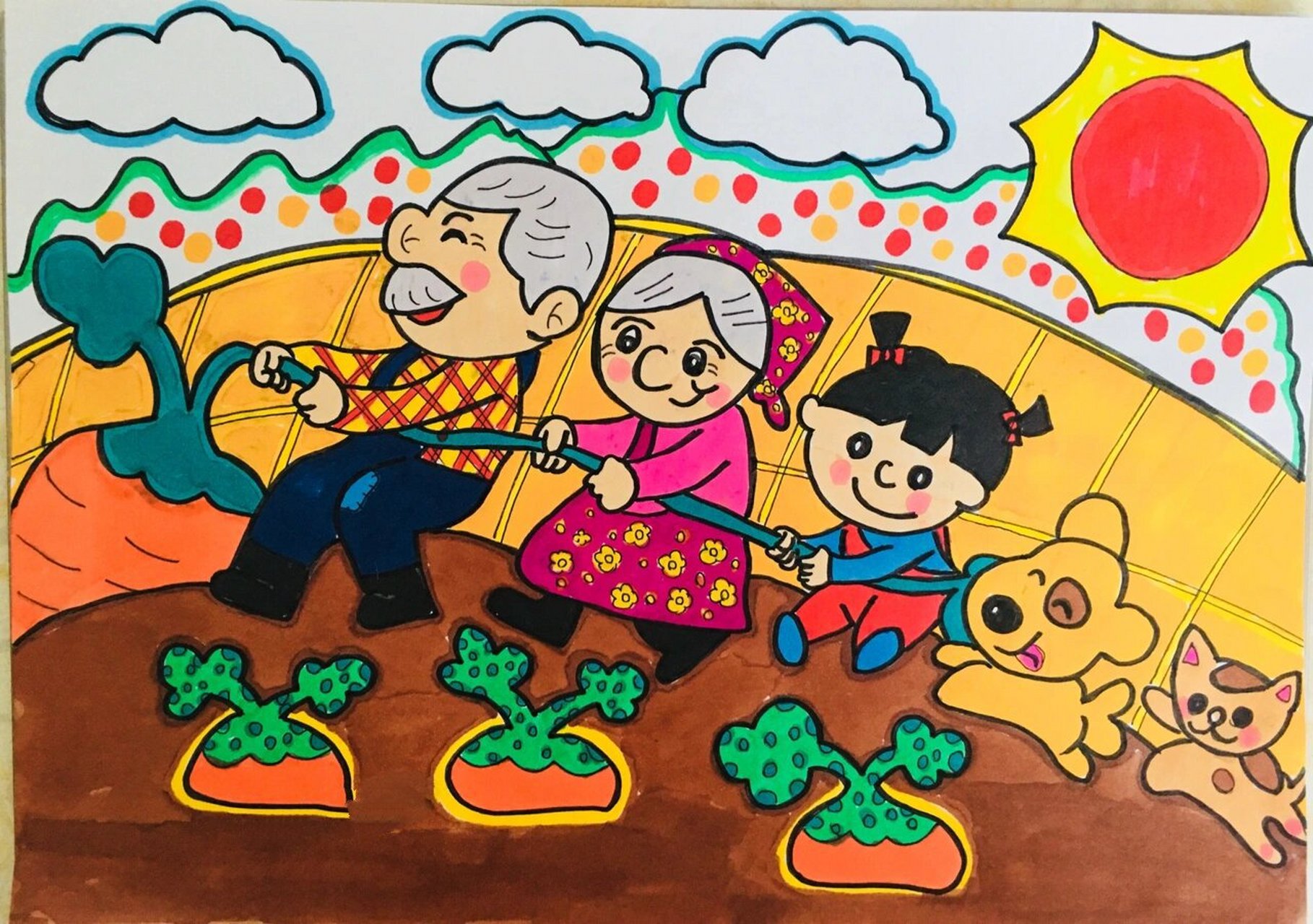 儿童简笔画-48.拔萝卜 儿童简笔画拔萝卜,带线稿,每天坚持打卡,加油!