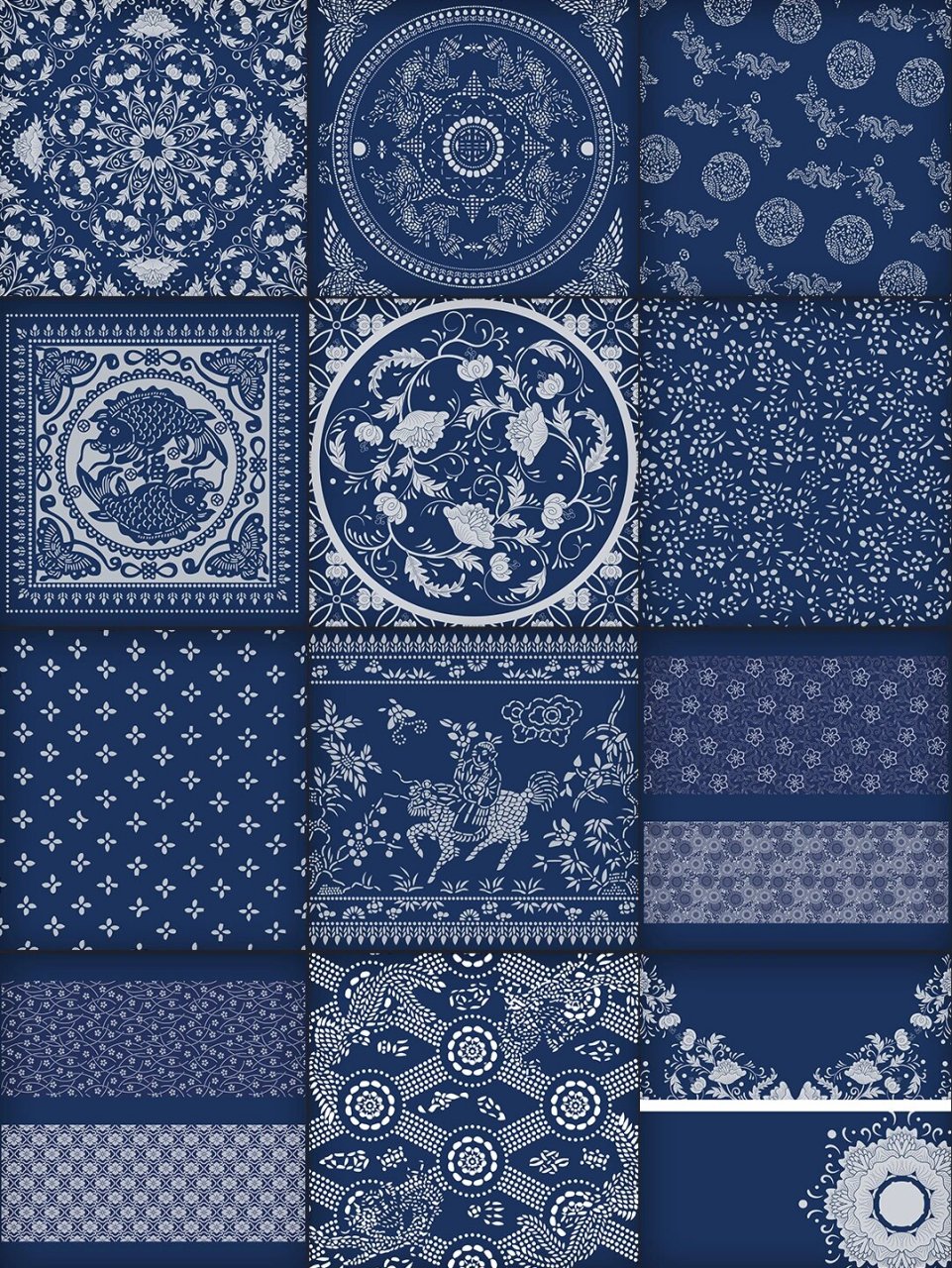 78传统蓝印花布图案│蓝底白花图案花纹矢量 94 中国风民间传统