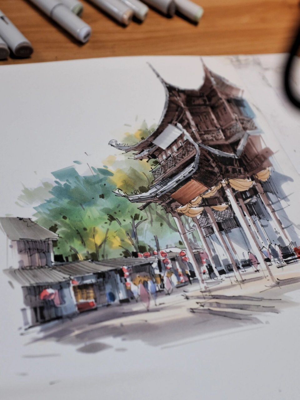 惠山古镇/马克笔写生 无锡名胜古迹系列马克笔写生