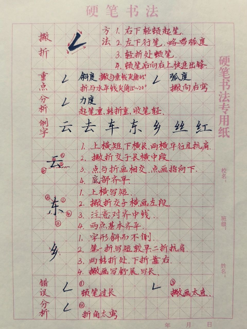 基本笔画练习|《撇折》 《撇折》写法: 1.右下轻顿起笔, 2.