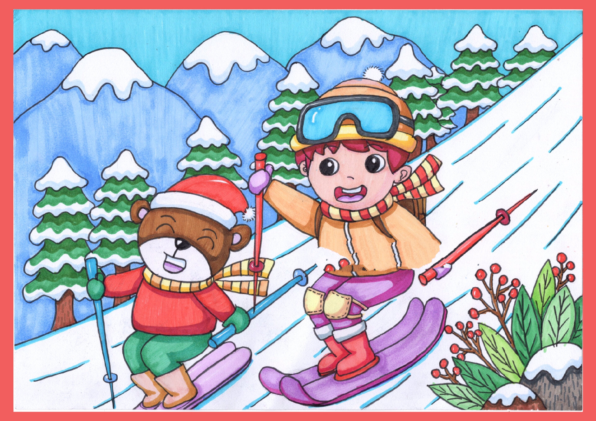 儿童画教程 冬天主题画 滑雪⛷️马克笔简笔画
