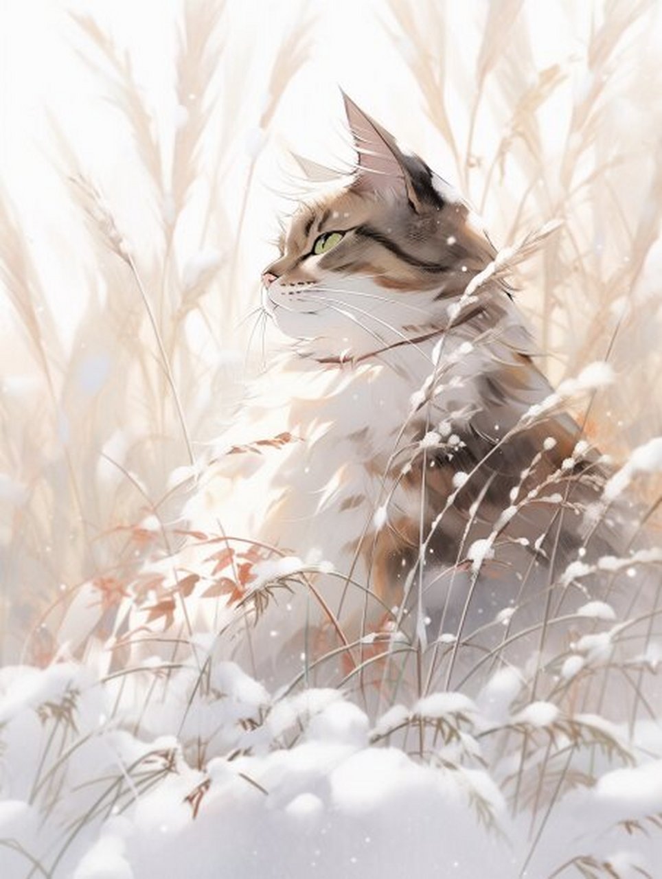 氛围感头像 | 国风小猫咪工笔水墨画 落雪后的野草深处 一只毛蓬蓬的
