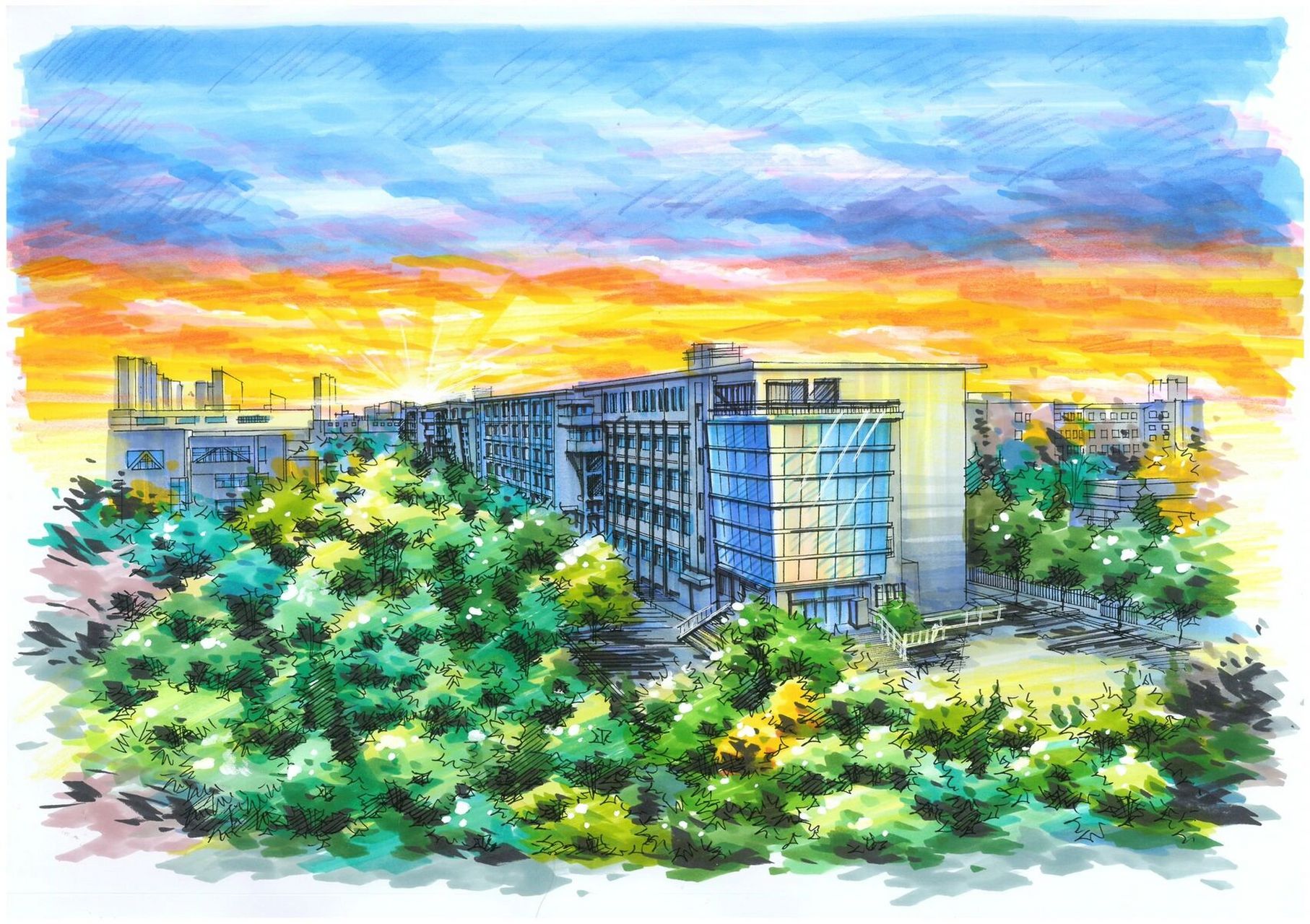 马克笔手绘校园系列(四)     画于2020年,内蒙古科技大学校园手绘.